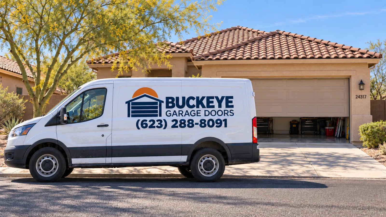 A Buckeye Garage Doors van parked outside a tile-roof home in Buckeye, AZ