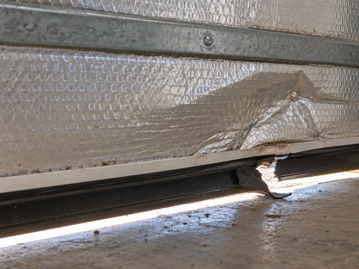 A dented garage door bottom panel with a torn bottom seal