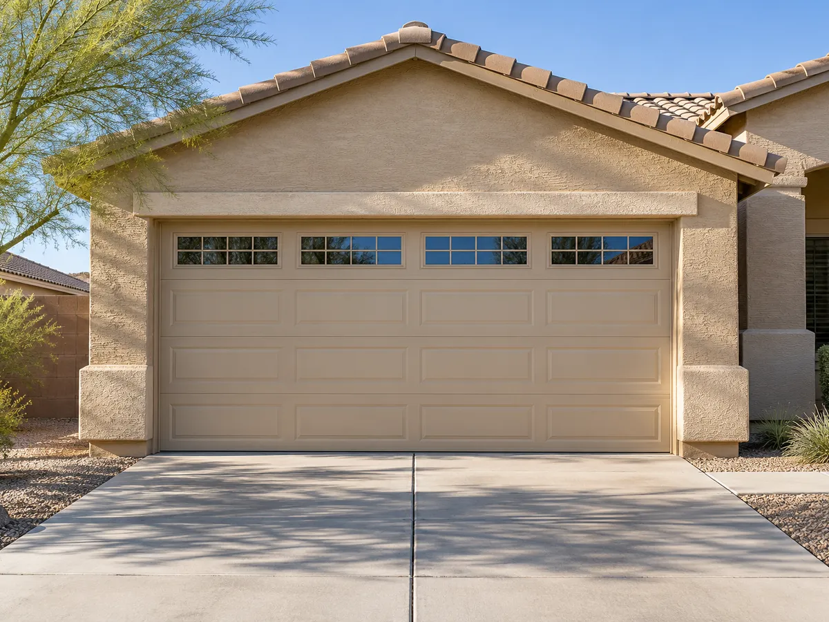 A new raised-panel garage door with window lites on a Buckeye, AZ home