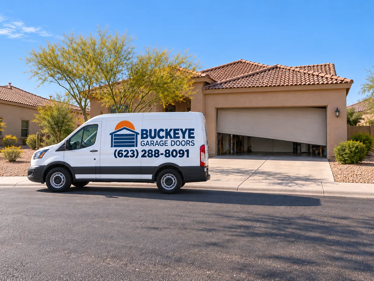 A Buckeye Garage Doors van parked outside a home with a crooked, half-open garage door in Buckeye, AZ