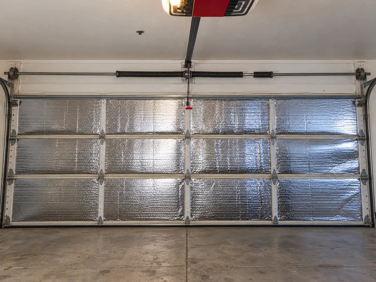 A snapped torsion spring above a two-car garage door